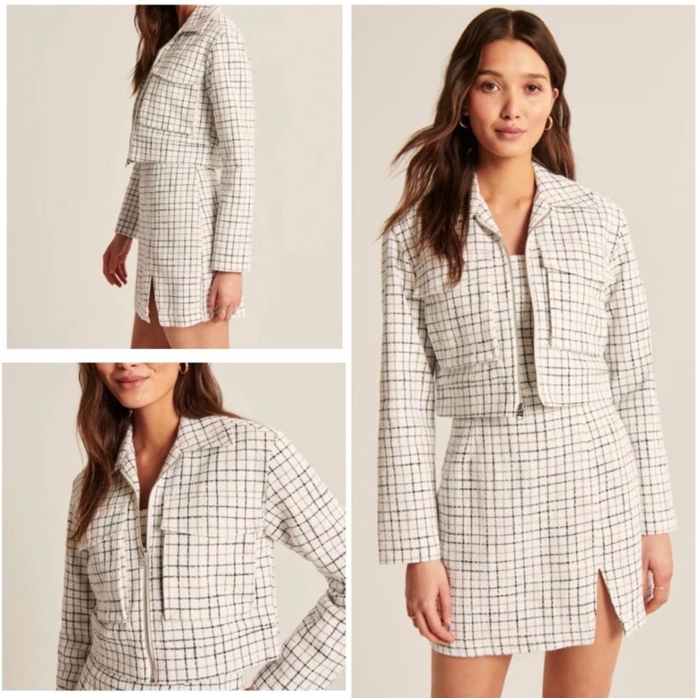Abercrombie & Fitch Full Zip Up Cropped Tweed Plaid Squares Shirt Jacket Sz L